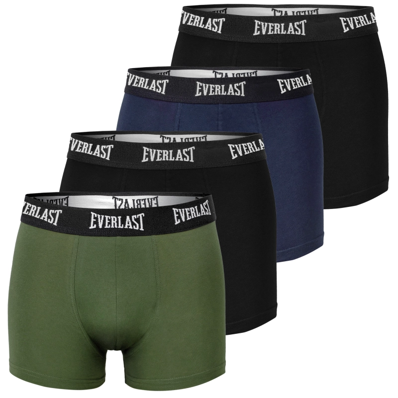 Bokserki Everlast w kolorze oliwkowym, granatowym i czarnym, ułożone warstwowo.