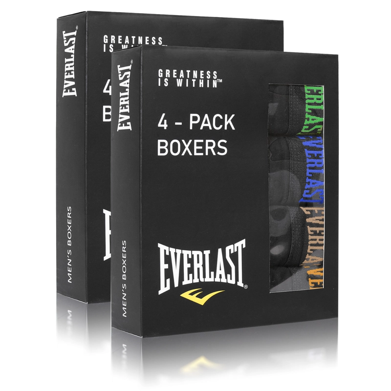 Czarne pudełka bokserek Everlast z kolorowymi oznaczeniami.