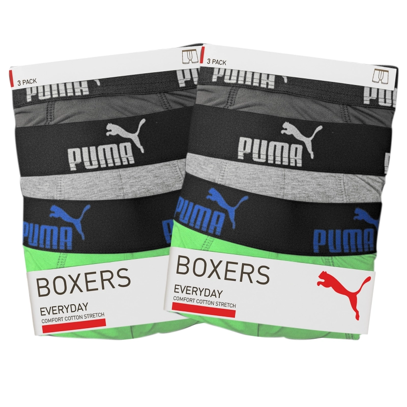 1. Opakowania bokserek PUMA w czarno-zielonej kolorystyce.