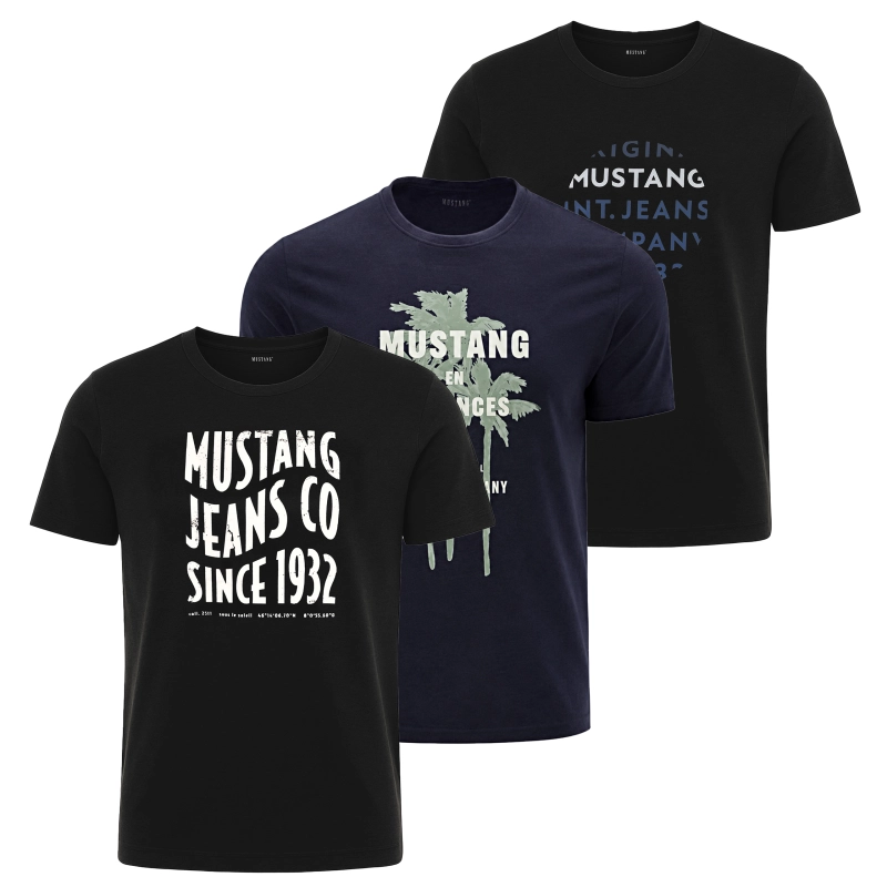 Dwie czarne koszulki Mustang z białymi nadrukami.