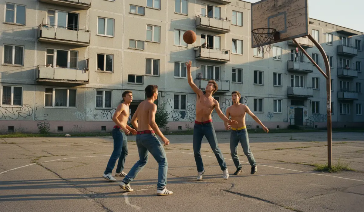 grupa chłopaków grająca w koszykówkę