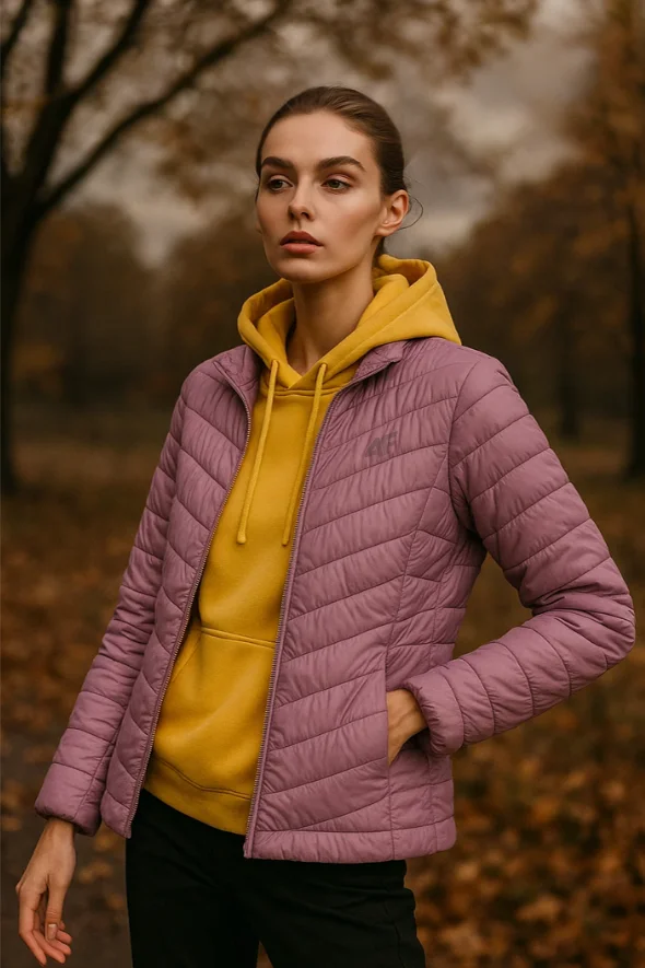 Stylizacja modowa - różowa kurtka 4F i żółta bluza Champion
