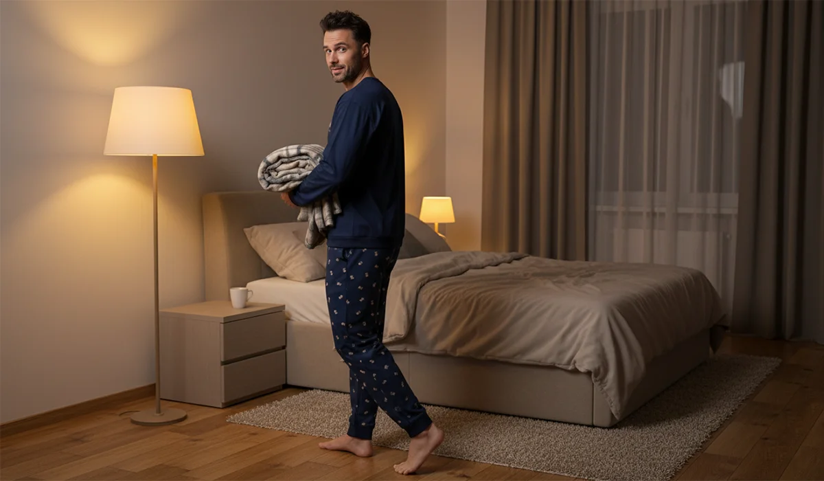 Mężczyzna w granatowej piżamie Cornette z motywem misiów, idący boso przez sypialnię zimowym wieczorem, trzymający koc w rękach