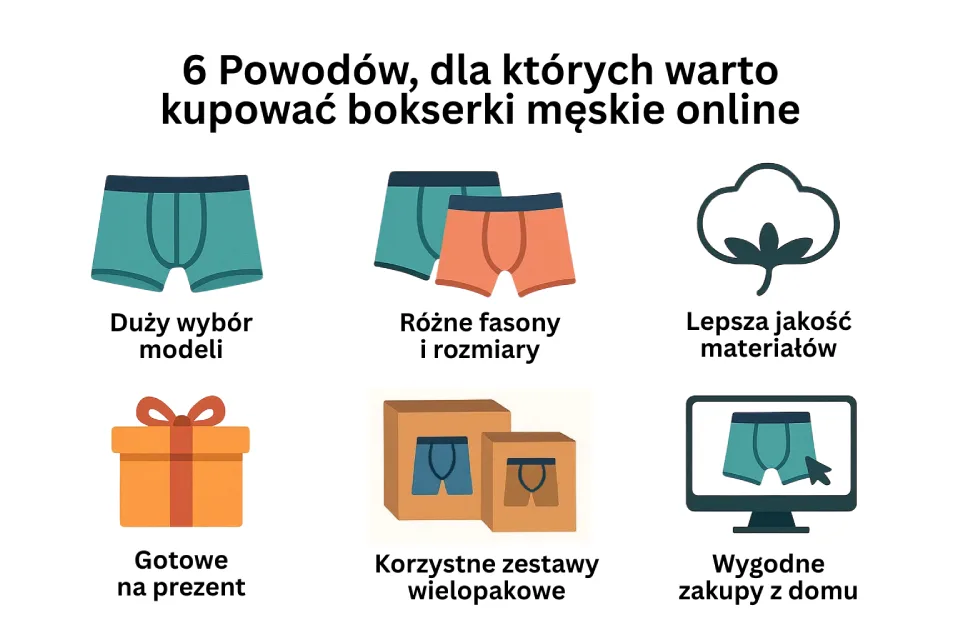 Infografika przedstawiająca 6 powodów, dla których warto kupować bokserki męskie online