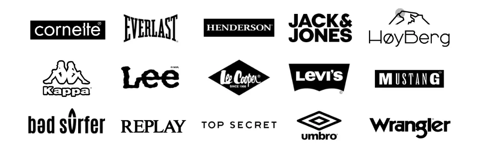 Kolaż logotypów marek dostępnych w sklepie Ettiene: Umbro, Everlast, Mustang, BadSurfer, Hoyberg i inne