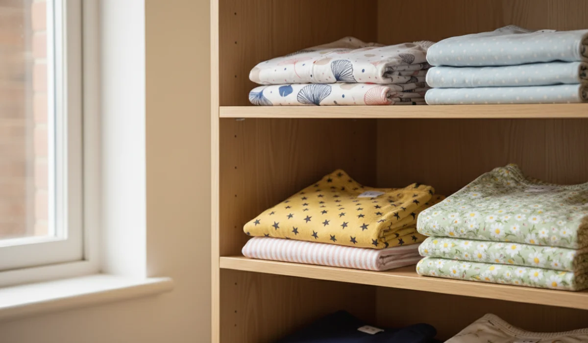 Poukładane piżamy znajdujące się w szafie - różne wzory.